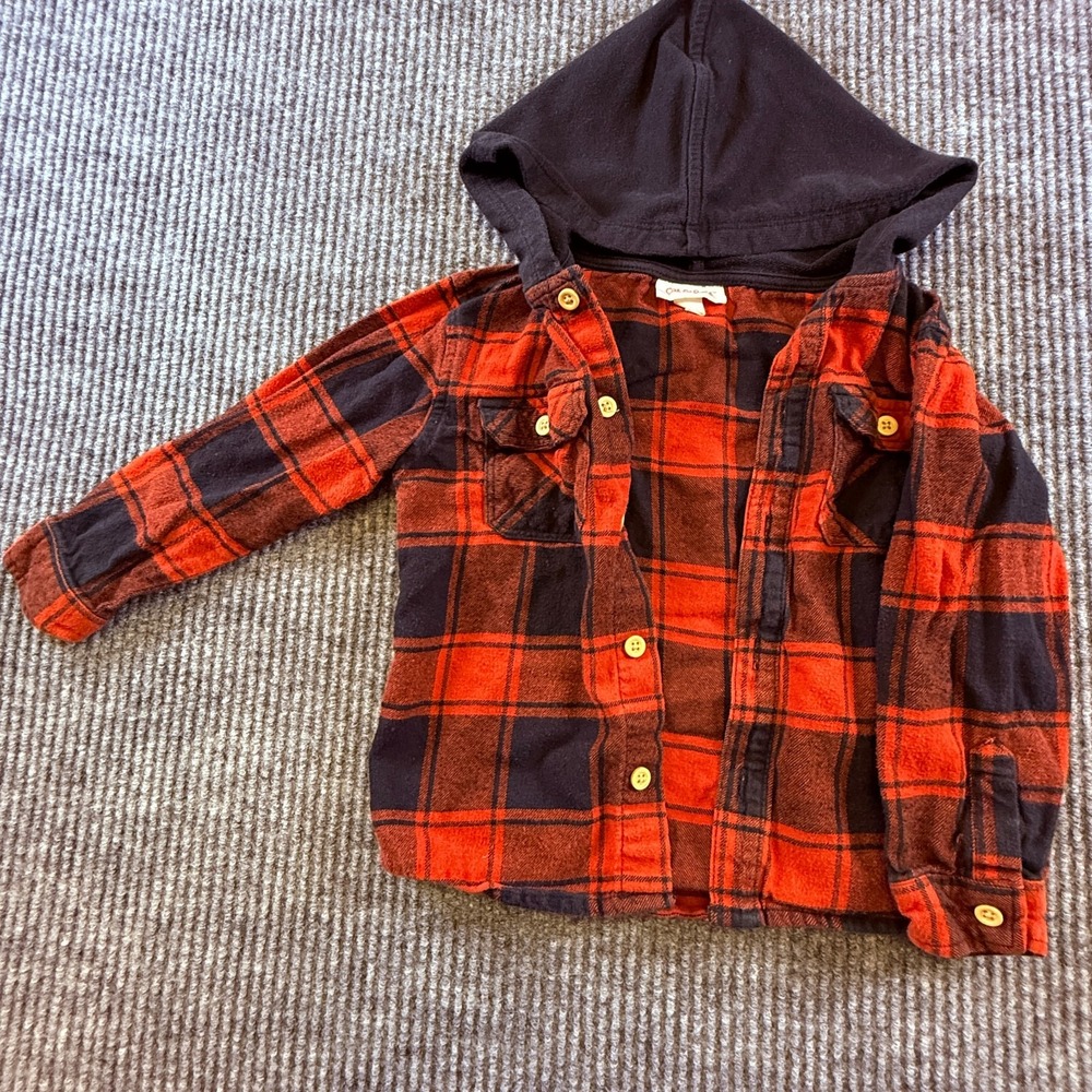 Cat & Jack‎ Little Boys 3T Hooded Flannel Shirt Red Black Plaid Pocket